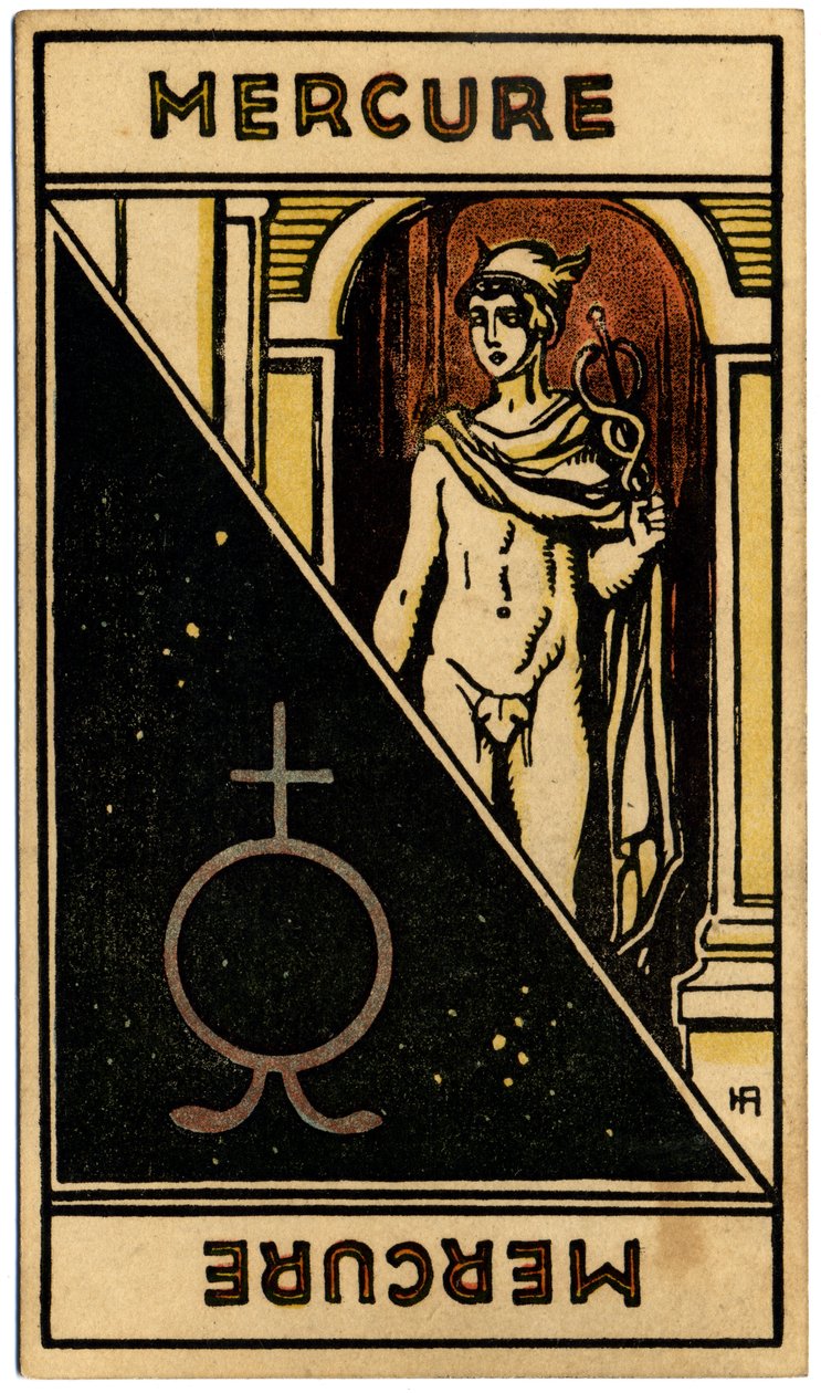 Paranormal. Astrología. Mercurio (planeta). Carta astrológica de: Le Tarot Astrologique (Tarot Astrológico), de Georges Muchery, Francia. de Unbekannter Künstler