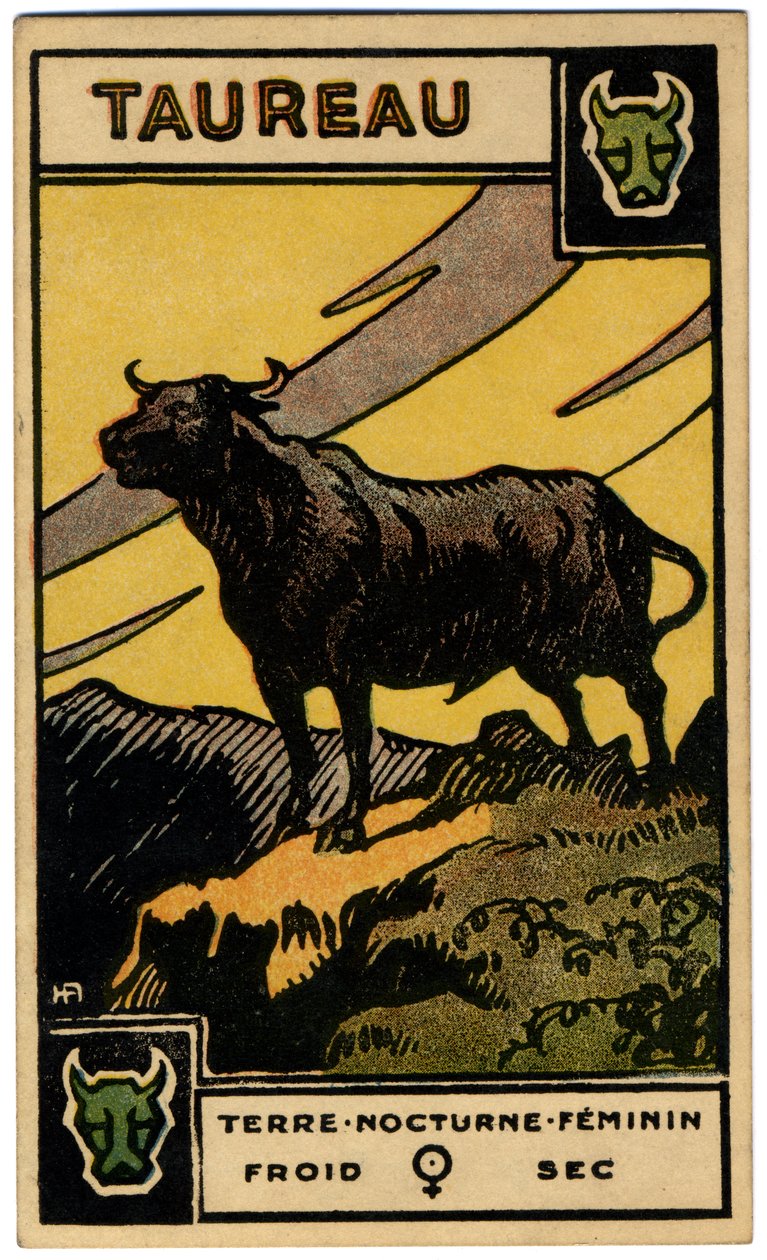 Paranormal. Astrología. Tauro (el Toro). Carta astrológica de: Le Tarot Astrologique (Tarot Astrológico), por Georges Muchery, Francia. de Unbekannter Künstler
