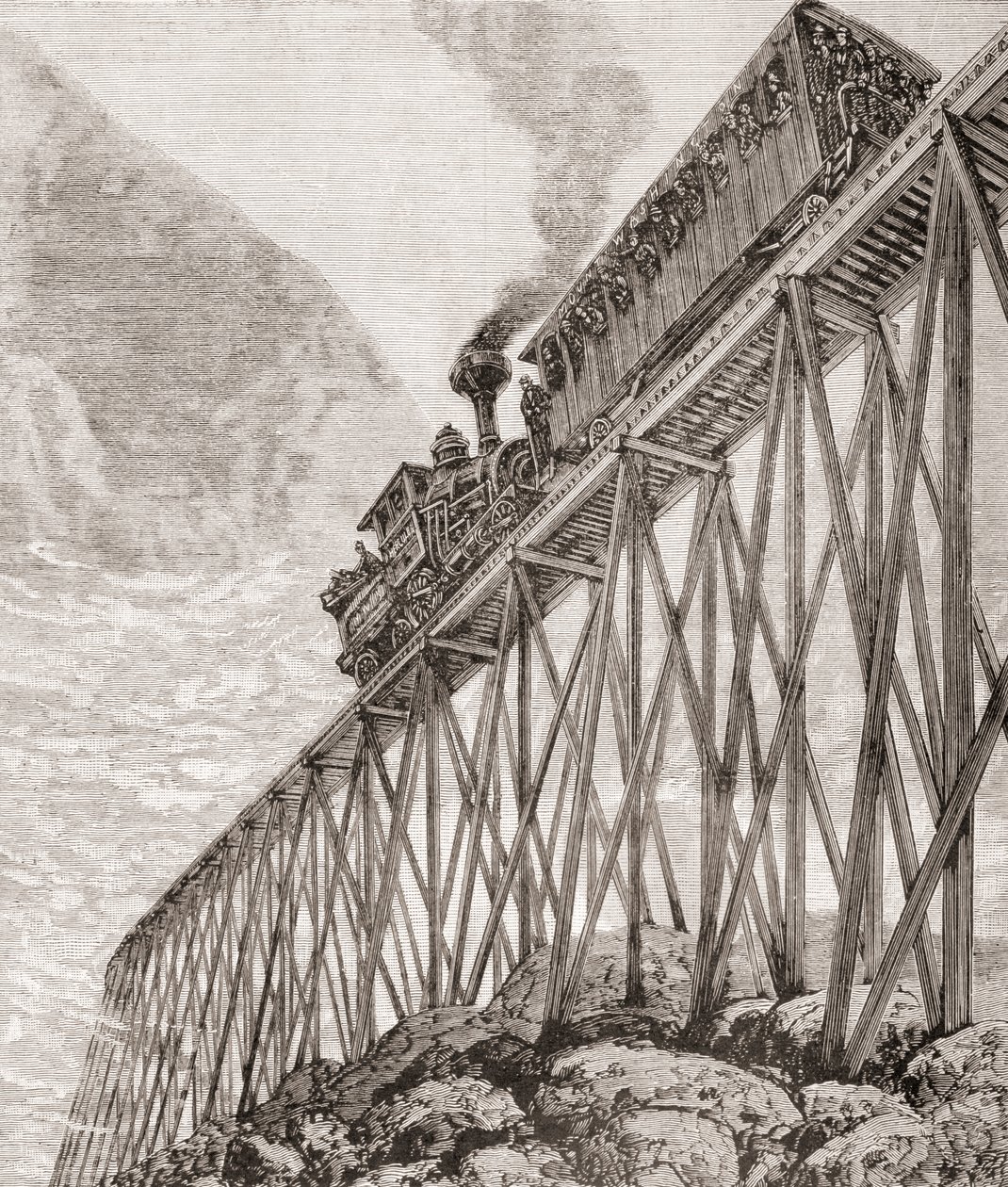 Parte de un ferrocarril de cuatro kilómetros de largo en New Hampshire, Estados Unidos, construido para viajes recreativos y para que los pasajeros disfruten de vistas panorámicas, c.1880, de 