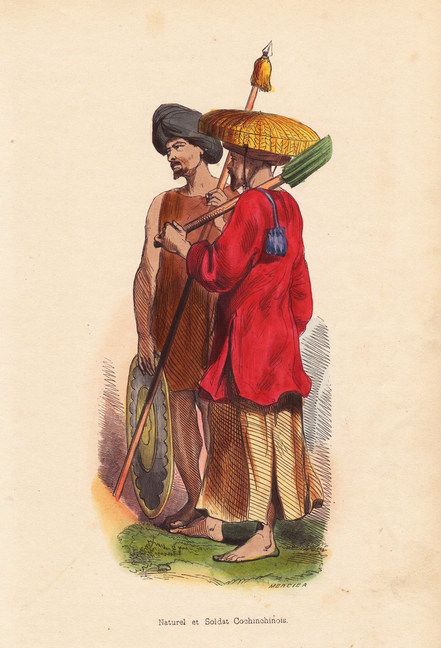 Peasant et soldat Cochinchinois (Vietnam) - Hombres de Vietnam (Cochinchine): soldado con turbante, escudo y lanza, y campesino con sombrero de paja, túnica y pala - xilografía coloreada a mano por Mercier de "Moeurs, Uses et Costumes de tous les Peuples d de Unbekannter Künstler