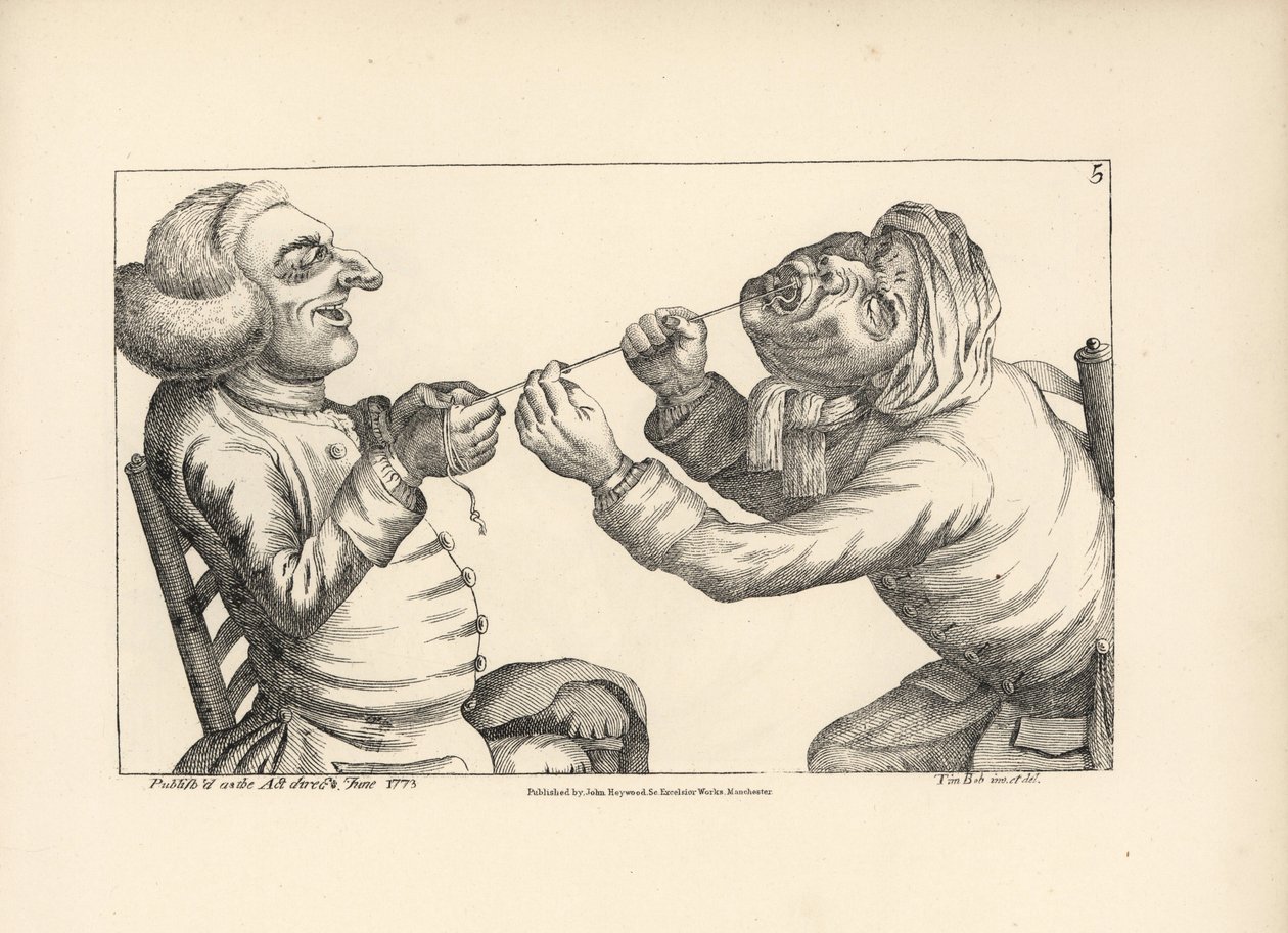 Médico riendo mientras tira de la muela de un paciente con una cuerda. Grabado en cobre según una ilustración satírica de Timothy Bobbin (John Collier) (1708-1786) de Human Passions Delineated, John Haywood, Manchester. de Unbekannter Künstler