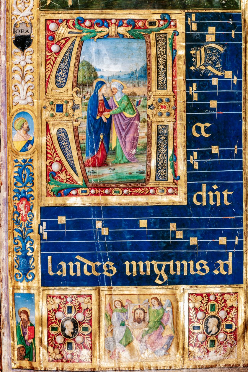 Biblioteca Piccolomini: libro de coro, cod. 14.P., ff. 2r con "la Visitación de María y Santa Isabel, de Giovanni di Giuliano Boccardi, conocido como Boccardino el Viejo. Detalle. de Unbekannter Künstler
