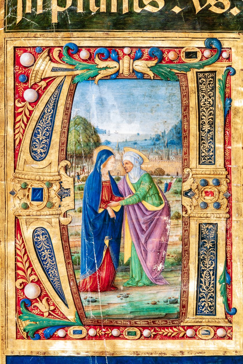 Biblioteca Piccolomini: libro de coro, cod. 14.P., ff. 2r con "la Visitación de María y Santa Isabel, de Giovanni di Giuliano Boccardi, conocido como Boccardino el Viejo. Detalle. de Unbekannter Künstler