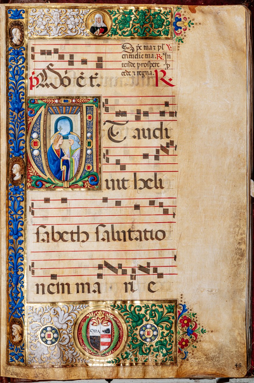 Biblioteca Piccolomini: libro de coro, cod. 14.P., ff. 46r con "María y Santa Isabel, de Giovanni di Giuliano Boccardi, conocido como Boccardino el Viejo. de Unbekannter Künstler