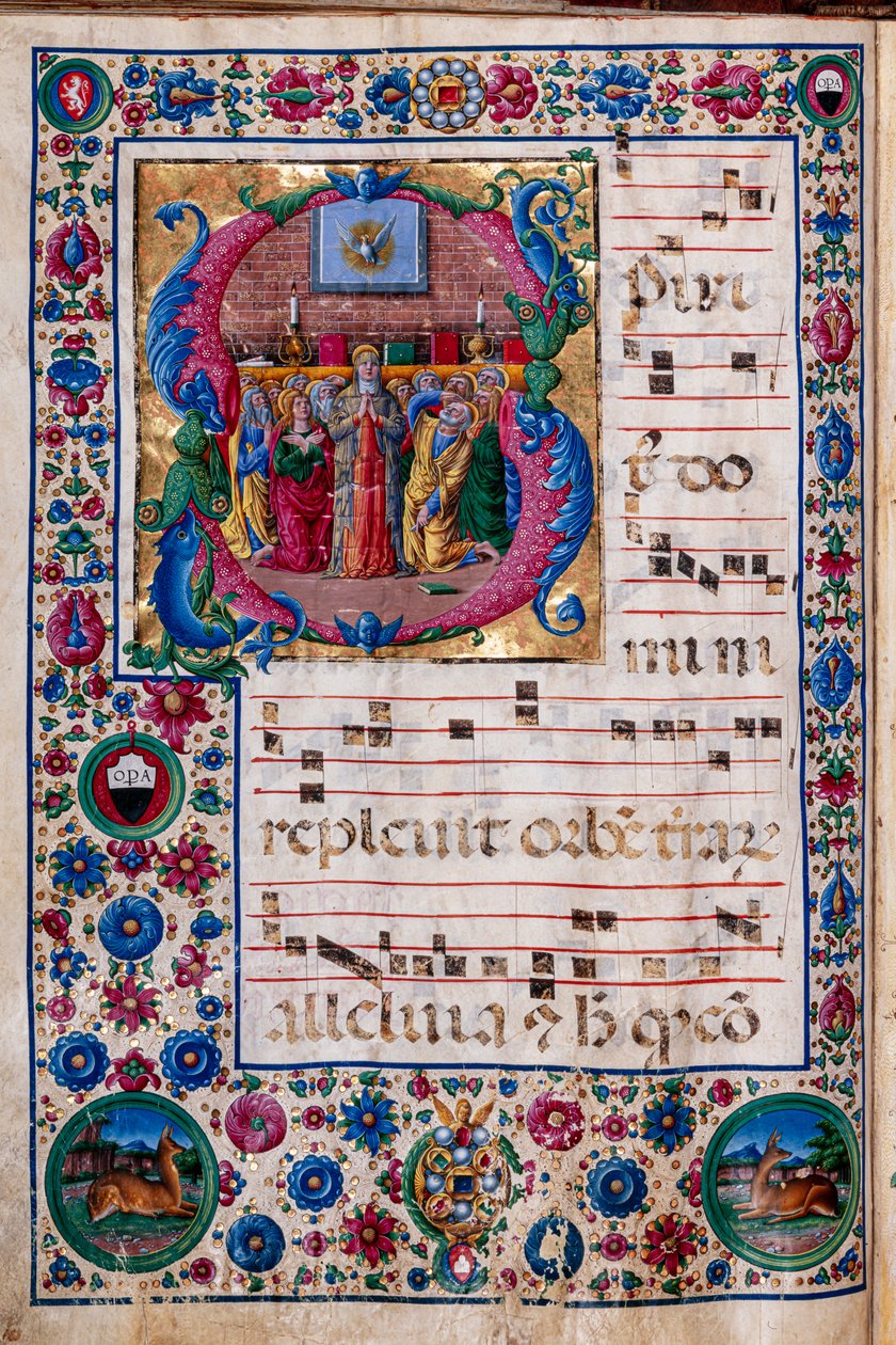 Biblioteca Piccolomini: libro de coro, cod. 23.8, ff. 100v con "El Pentecostés", de Girolamo da Cremona. de Unbekannter Künstler