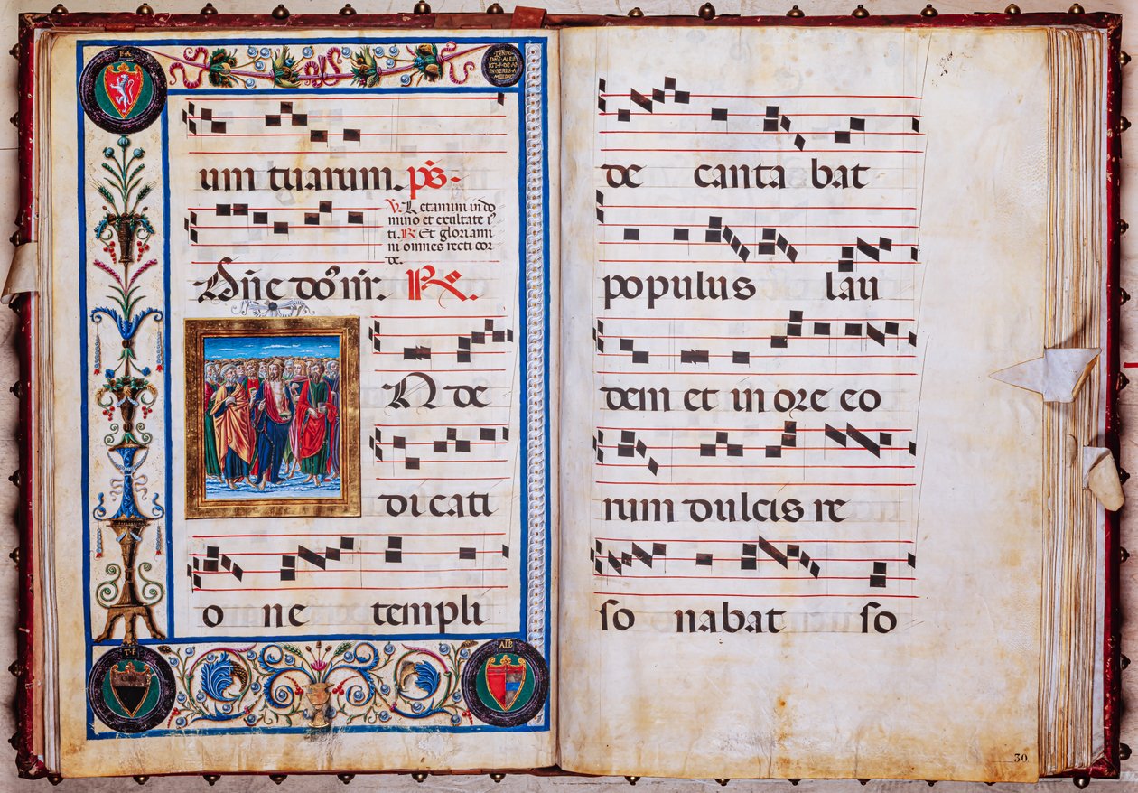 Biblioteca Piccolomini: libro de coro, cod. 26.R, ff. 29v-30r con "Cristo y todos los santos", de Giovanni di Taldo. de Unbekannter Künstler