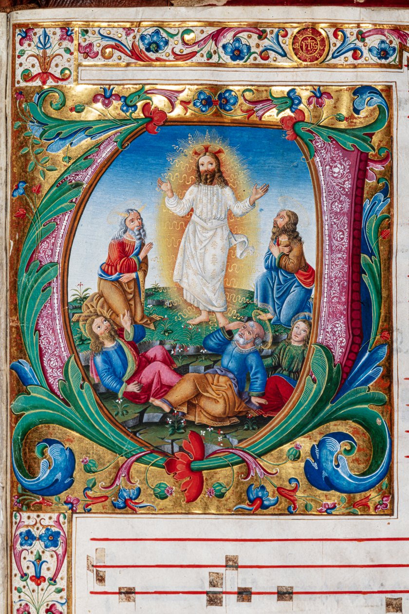 Biblioteca Piccolomini: libro de coro, cod. 29.13, ff. 30r con la "Transfiguración", obra del iluminador florentino. Detalle. de Unbekannter Künstler