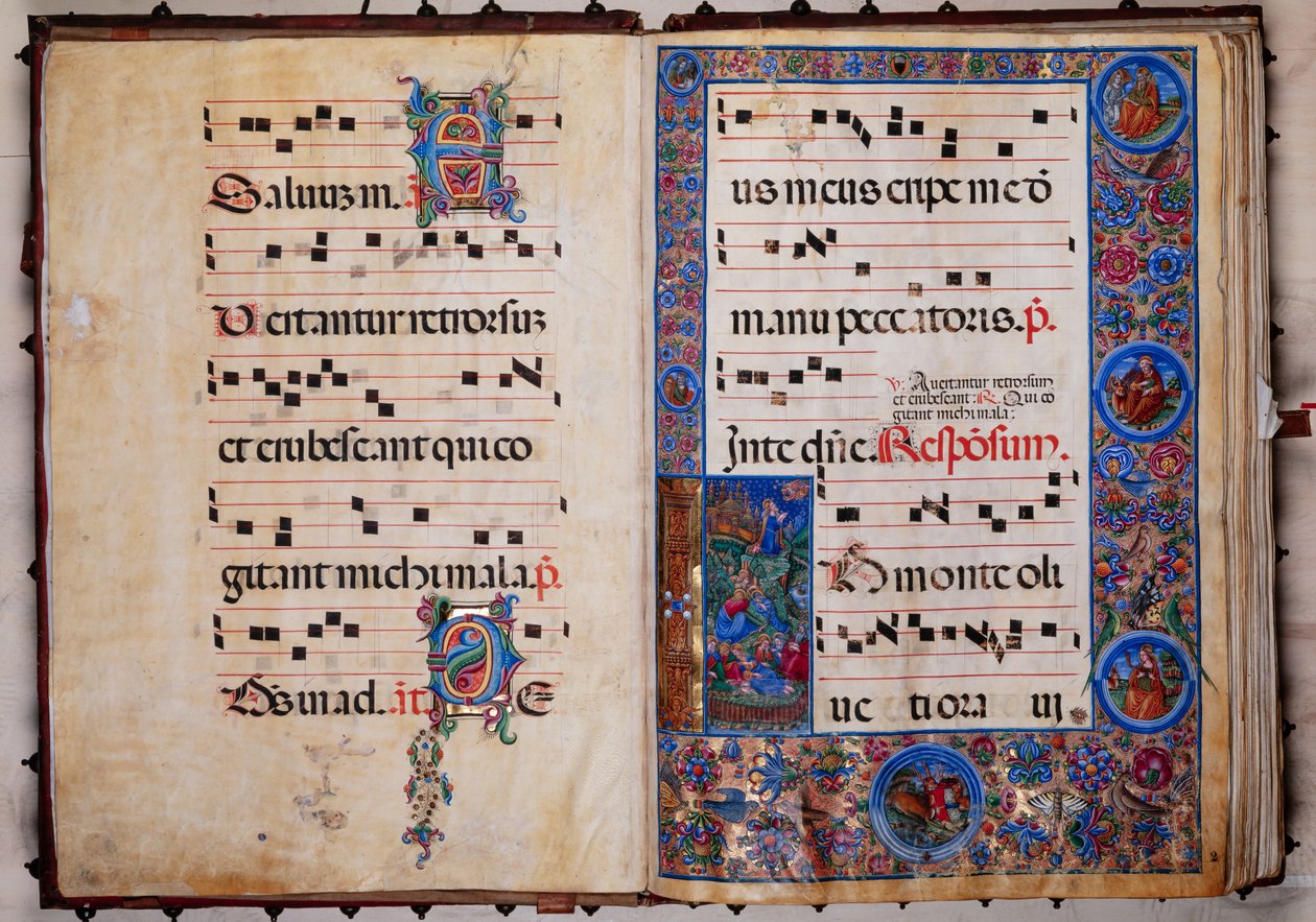 Biblioteca Piccolomini: libro de coro, cod. 8-H, ff. 1v-2r con "Cristo en el Huerto de Getsemaní", de Bernardino Cignoni. de Unbekannter Künstler