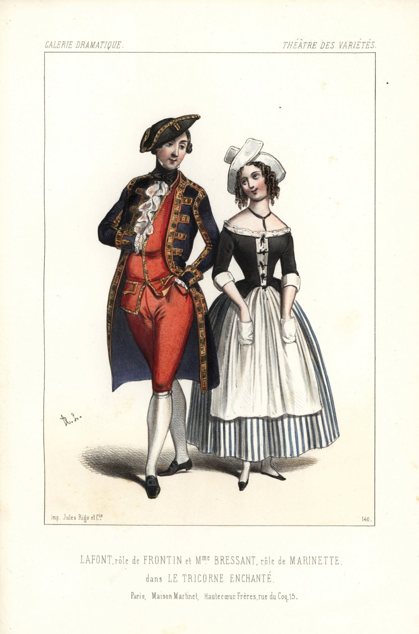 Pierre-Cheri Lafont en el papel de Frontin y Madame Bressant o Augustine Dupont como Marinette en Le Tricorne Enchante de Theophile Gautier, Theatre des Varietes de Unbekannter Künstler