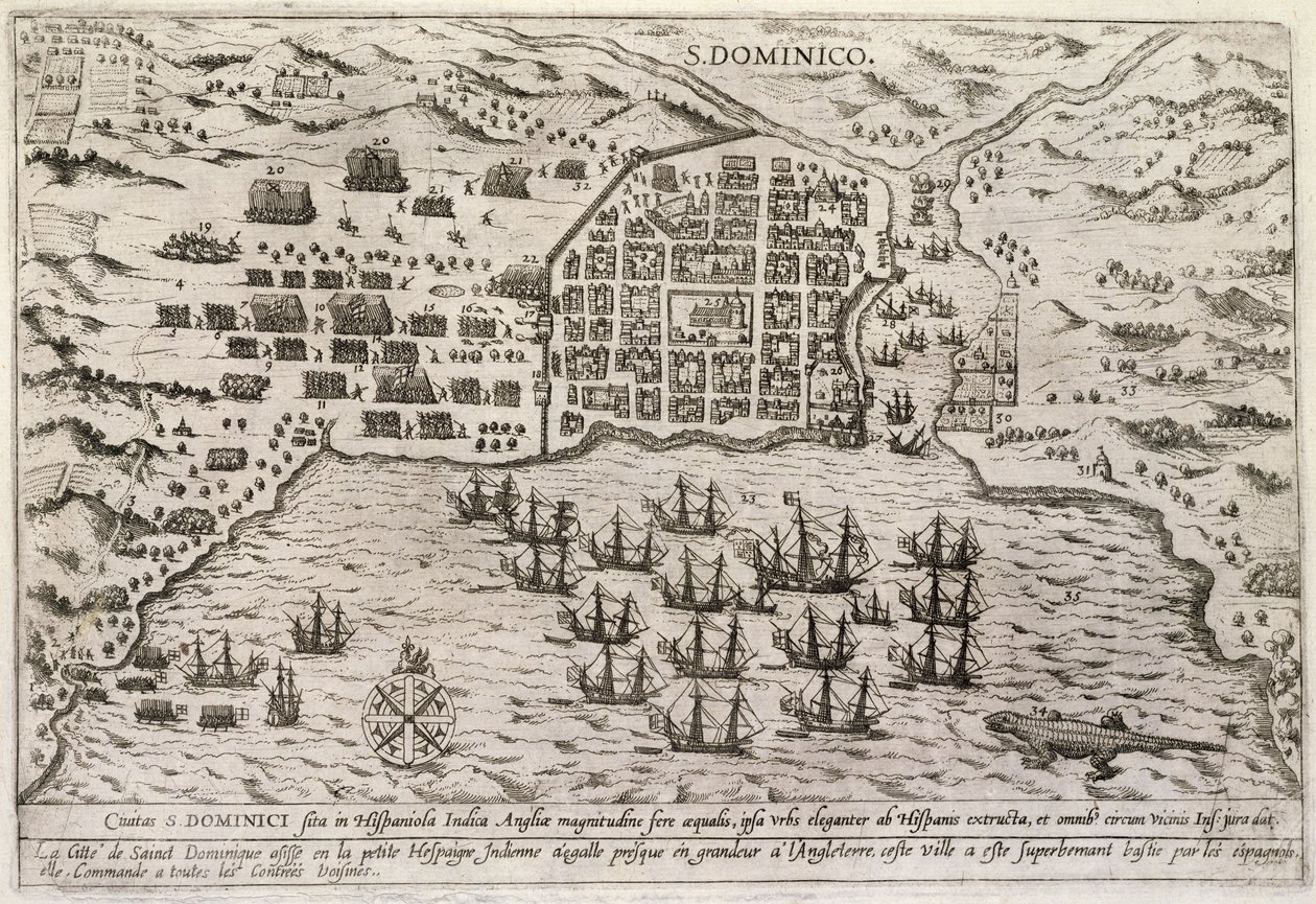 Plan del ataque de Drake a Santo Domingo, c.1595 (grabado) de Unbekannter Künstler