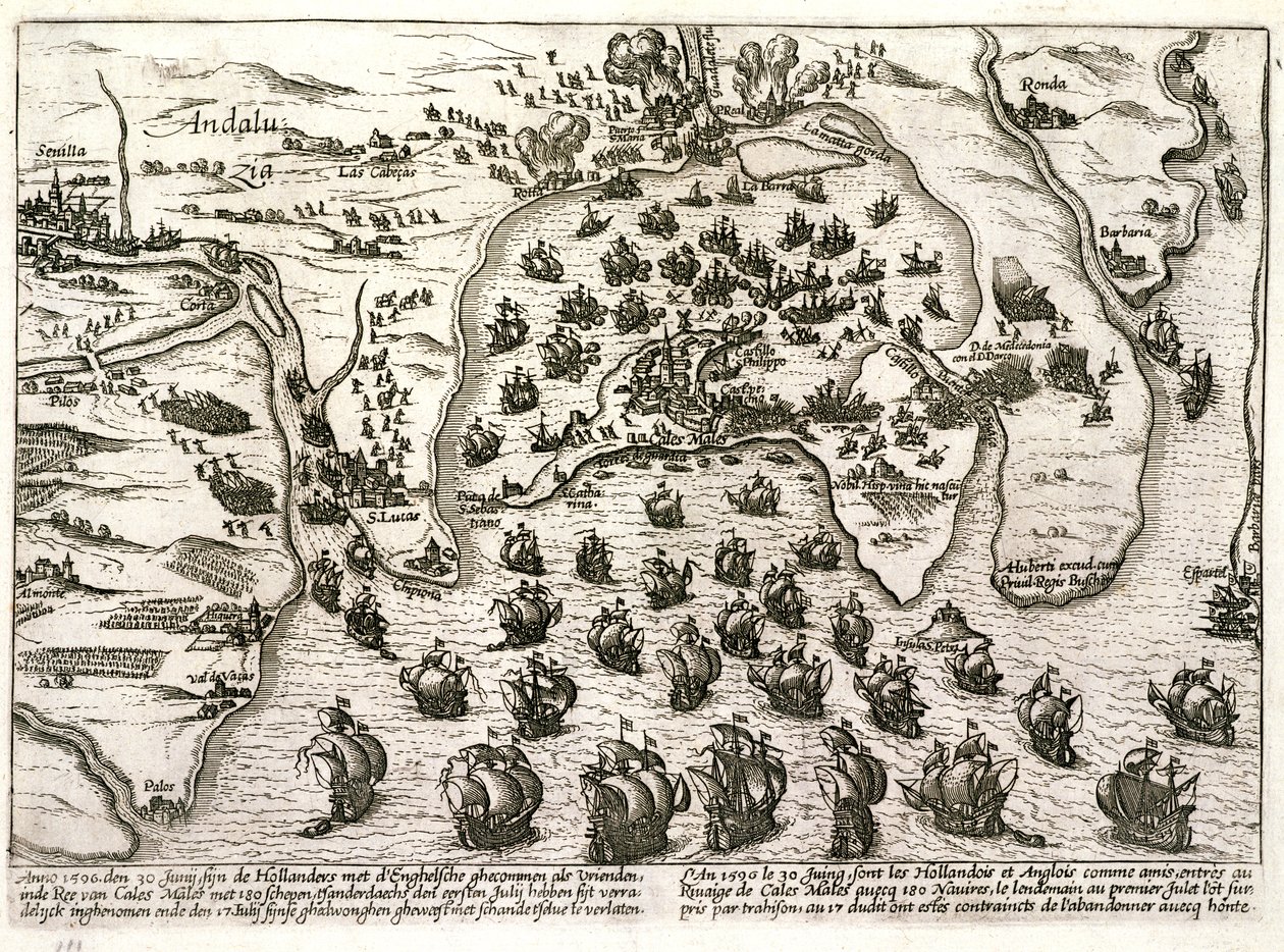 Plano del puerto de Cádiz en 1596 en el momento del ataque de Sir Walter Raleigh (grabado) de Unbekannter Künstler