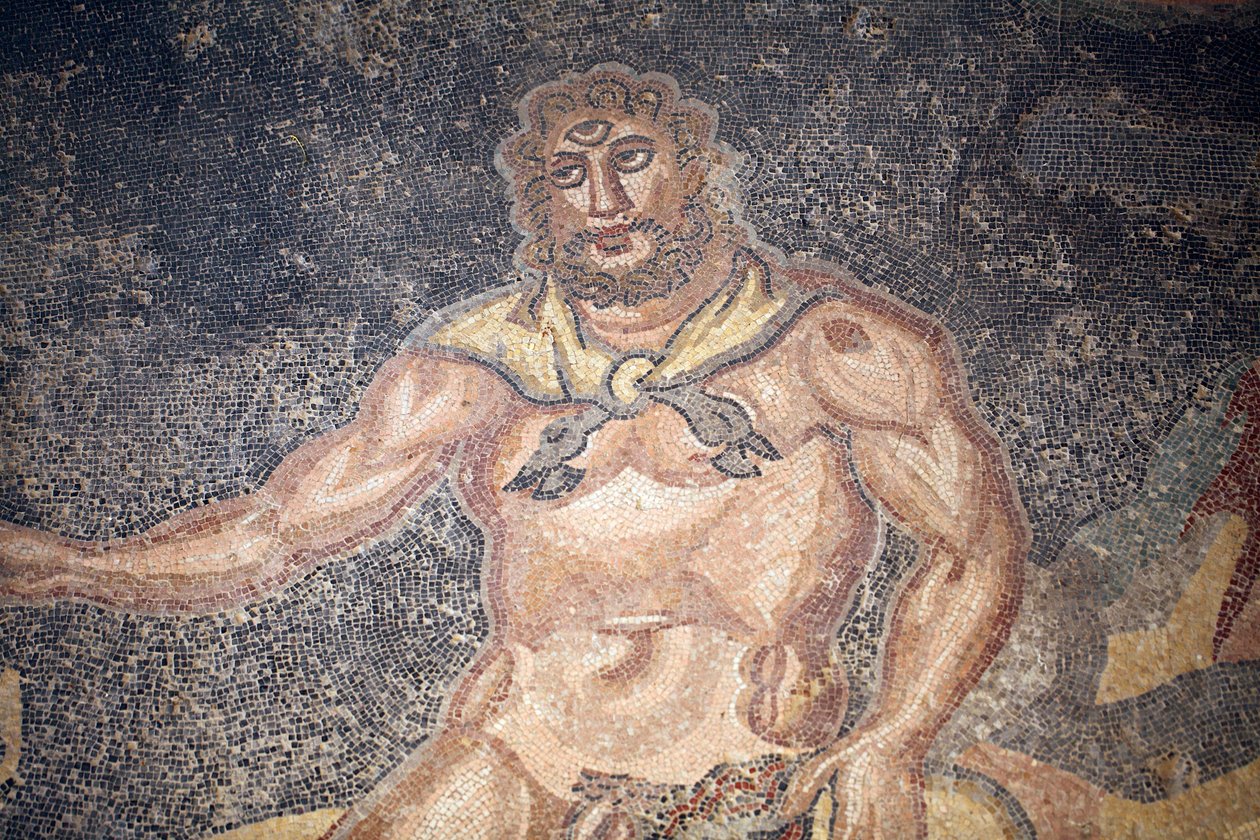 Sala de Polifemo. Detalle del cíclope devorando las entrañas de una cabra. Siglo III - IV. Villa Romana del Casale, Sicilia. Sitio UNESCO de Unbekannt