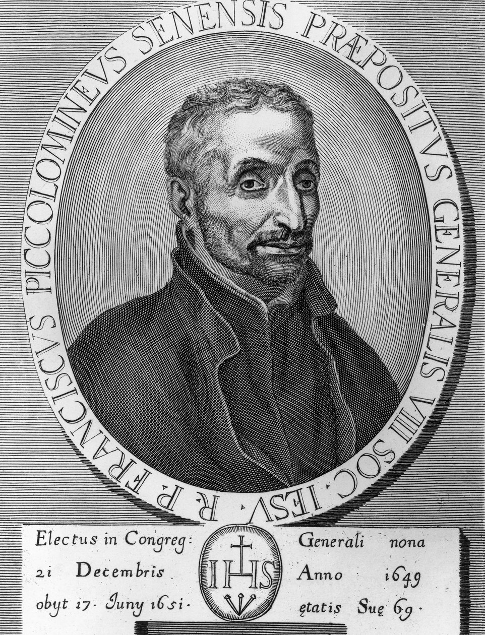 Retrato de Francesco Piccolomini (1582-1651), jesuita italiano, fue Superior General de la Compañía de Jesús de 1649 a 1651, grabado de William M. Timlin