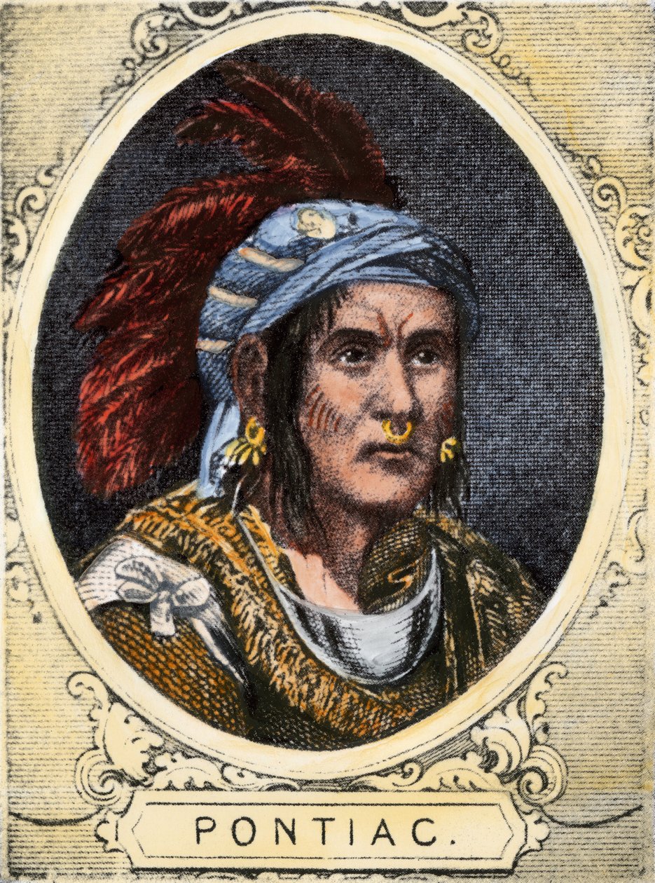 Retrato de Pontiac (u Obwandiyag, ca. 1714-1769), jefe de la tribu india de los indios outaouais de Detroit (Nación Ottawa). Grabado en color del siglo XIX. de Unbekannter Künstler