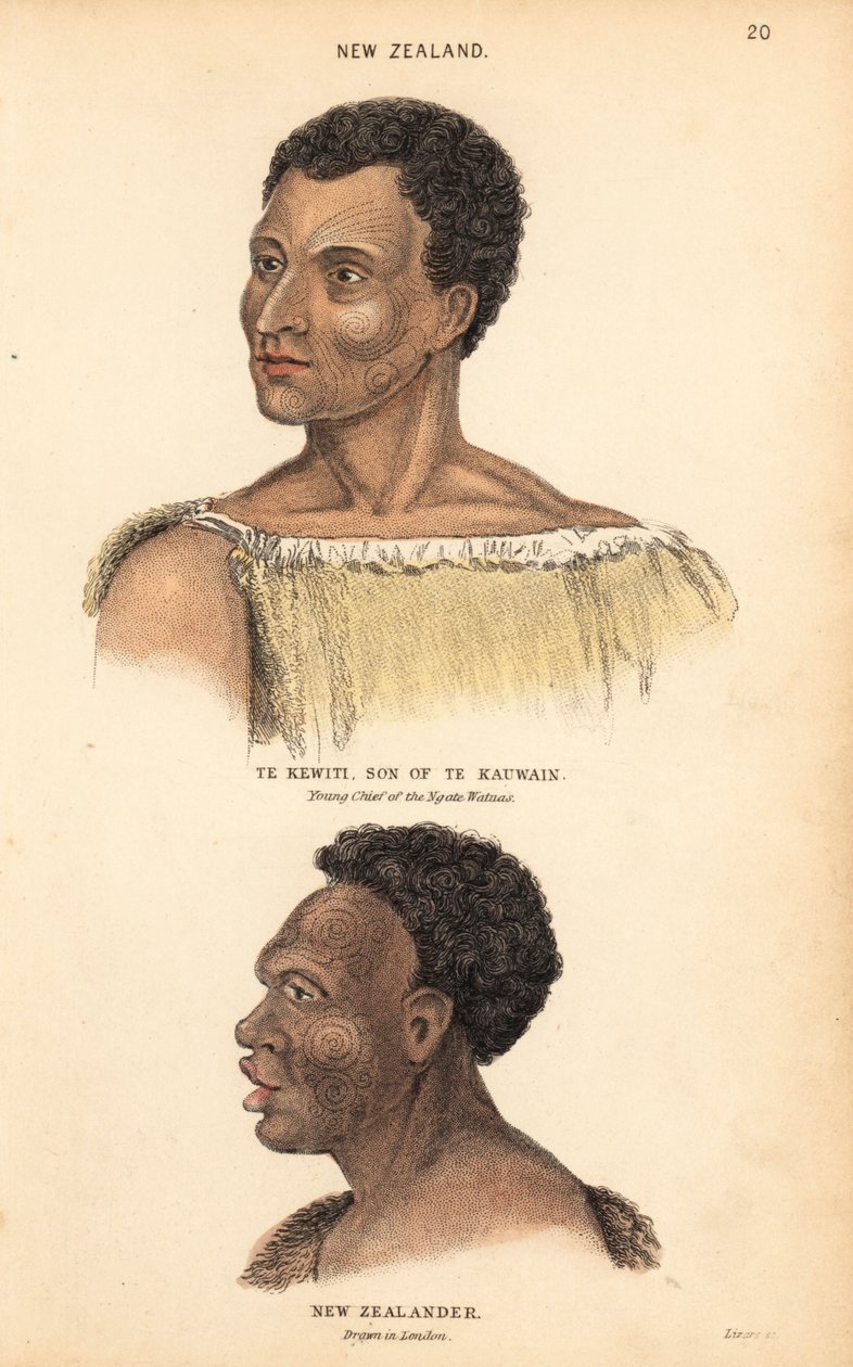 Retrato de Te Kewiti, hijo de Te Kauwain, joven jefe de los maoríes Ngate Watnas, Nueva Zelanda, y retrato de un maorí tatuado, neozelandés, dibujado en Londres por Agasse. Grabado en acero coloreado a mano por Lizars a partir de una ilustración de Charles de Unbekannter Künstler