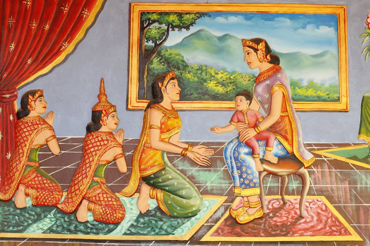 Monasterio Preah Prom Rath: Vida del Buda: La madre del Buda presentándolo a su cuidador, Siem Reap, Camboya de Unbekannt