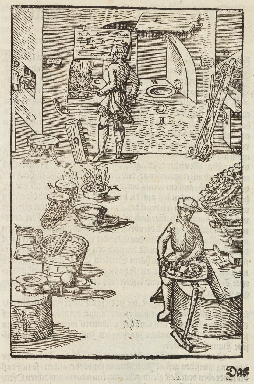 Purificación del mineral de plata por el fuego - Grabado extraído de Descripción de los minerales y los principales métodos de explotación minera, de Lazarus Ecker de Unbekannt