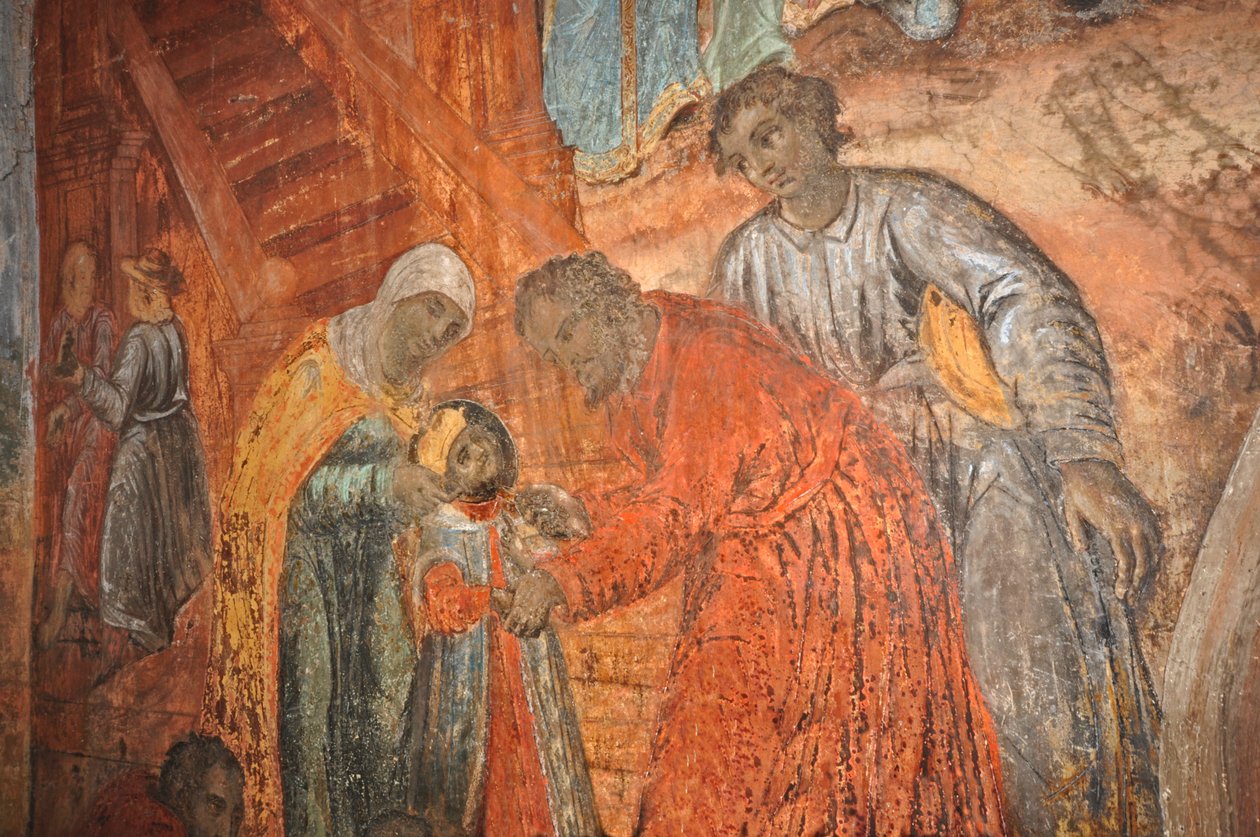 RUSIA, Uglich, Iglesia Ortodoxa Rusa de San Dimitrius en la Sangre (1630), fresco que representa la muerte de Demetrio (hijo de Iván el Terrible) de Unbekannt