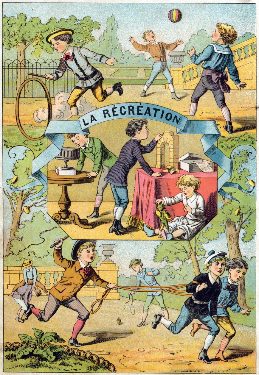 Recreo en el patio de la escuela. Grabado en "Alphabet des petits ecoliers". Imágenes de Epinal, circa 1885. Colección Privada de Unbekannt