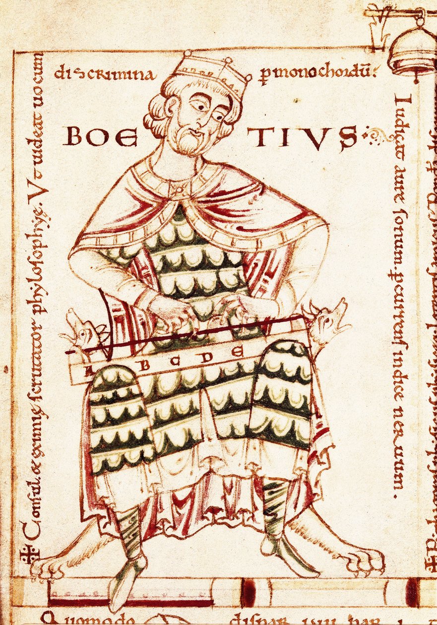 Representación del filósofo latino Boecio (Anicio Manlio Severino Boecio) (480-524) sosteniendo un instrumento musical (estudio musical). Miniatura de un manuscrito de Canterbury. de Unbekannt