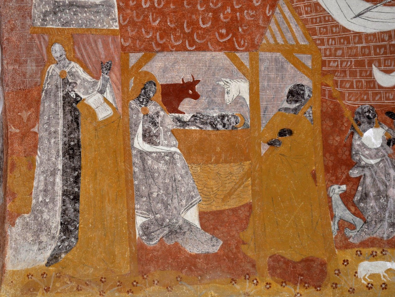 Arte románico: Frescos de la capilla funeraria Sainte Catherine de Jouhet, Vienne, Poitou-Charentes (Poitou Charentes), Francia. Nativite. Fotografía de Unbekannter Künstler