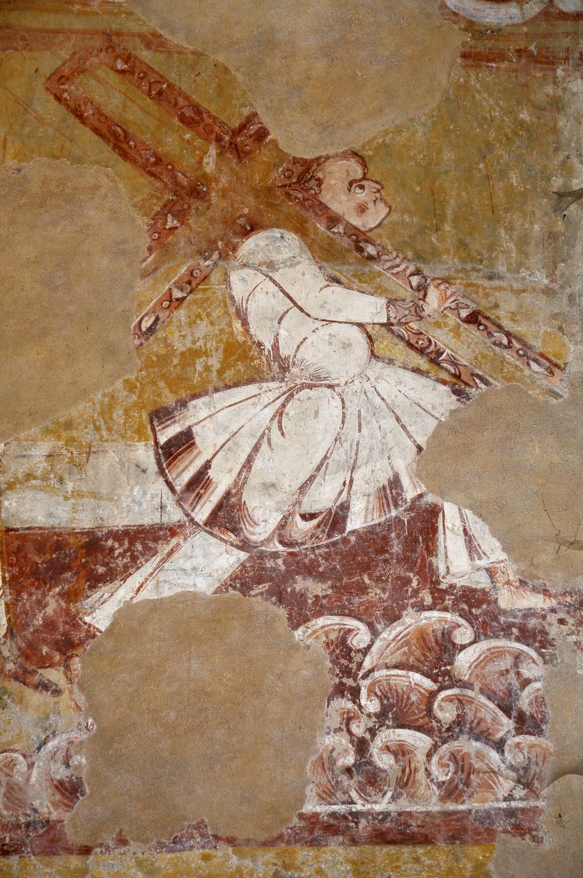 Arte románico: Simón de Cipere lleva la cruz de Cristo. Vista detallada de los frescos del coro "La vie du Christ" (siglo XIII) de la iglesia de San Martín (Saint Martin de Unbekannter Künstler