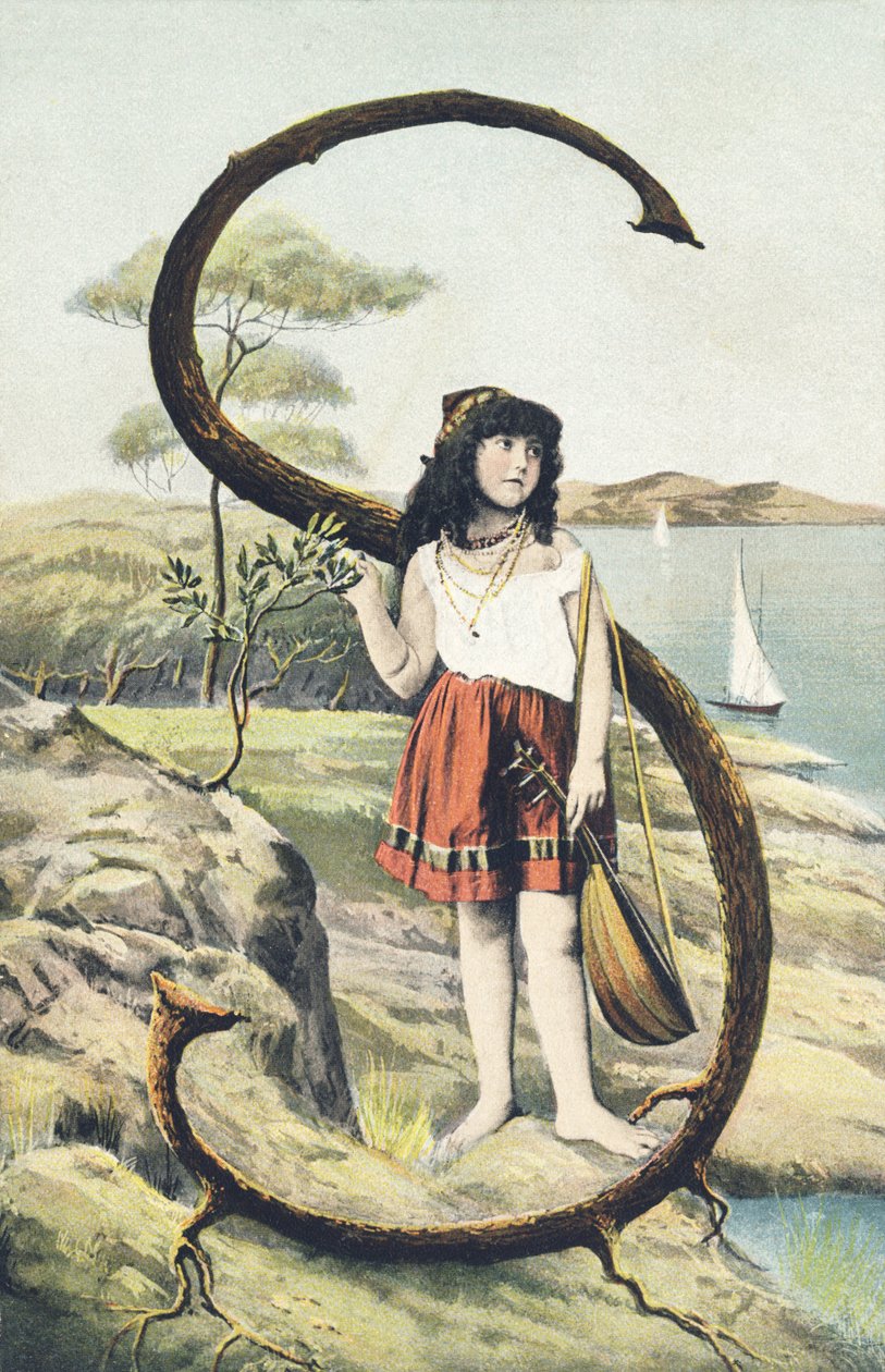 S: Una joven con falda corta y corpiño sin mangas sostiene una mandolina en su mano izquierda. Decorado campestre - Alphabet personajes Ref Th. E., L. Theochrom - Serie 994. Theodor Eisman, editor, Leipzig de Unbekannt