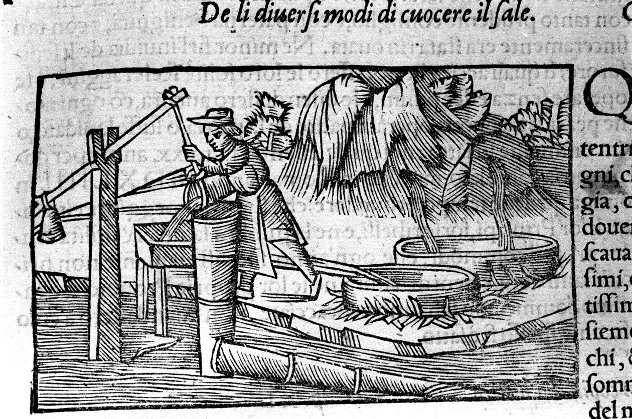 Producción de sal: cocción. Grabado de Olaus Magnus (1490 - 1557), religioso y geógrafo sueco, "Historia de Gentis Septentrionalibus", Venecia de Unbekannt
