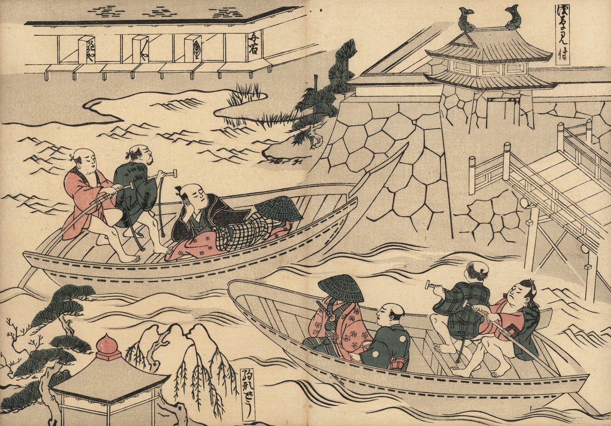 Samurai cruzando el río (en Akasaka Mitsuke) en una barca de camino al barrio de recreo de Yoshiwara. Grabado xilográfico de Masanobu Okumura (1686-1764) de Fuzoku Emakimono, Picture Scroll of the Water Trade, Tokio, reimpresión de hacia 1880. de Unbekannter Künstler