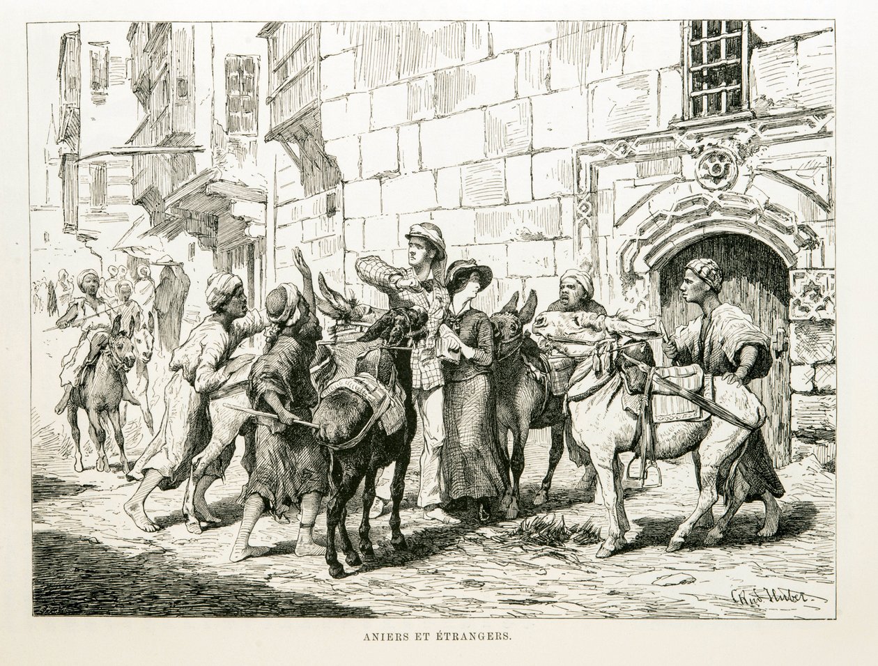 Dibujo satírico que representa a turistas occidentales rodeados de burros y sus conductores - Ilustración del Atlas de Egipto de Unbekannt