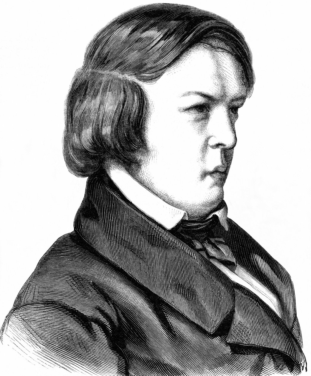 Schumann, Robert , compositor alemán , nacido el 08. 06. 1810 en Zwickau, fallecido el 29. 07. 1856 en Endenich, cerca de Bonn. 07. 1856 en Endenich cerca de Bonn, grabado en madera hacia 1860 de Unbekannter Künstler