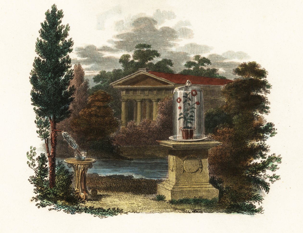 Invenciones científicas de Stephen Hales en un jardín.1802 (grabado) de Unbekannter Künstler