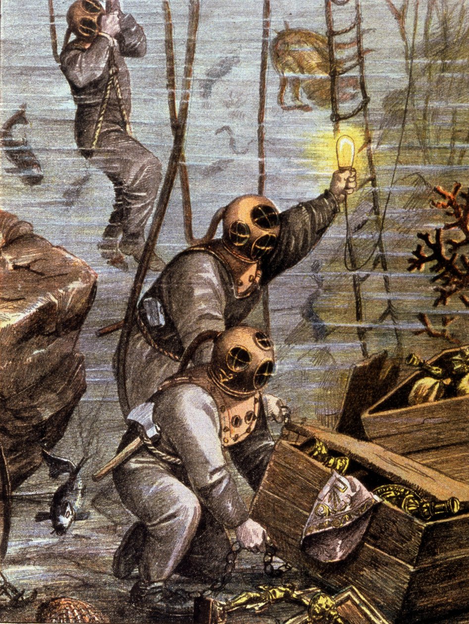 Buceador descubriendo un tesoro submarino,principios del siglo XX (ilustración) de Unbekannter Künstler