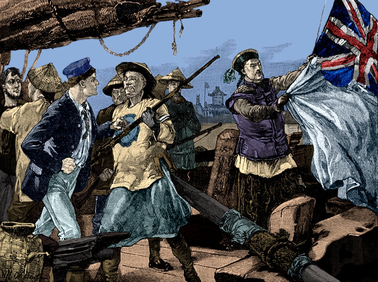 Segunda Guerra del Opio: Oficiales chinos arrian la bandera británica del buque Arrow de Unbekannter Künstler