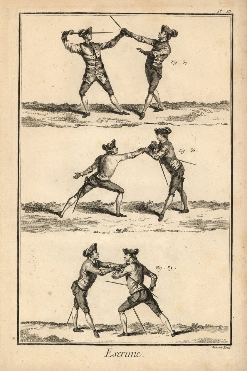 Segunda posición del desarme en tierce, desarme en la carte o seconde thrust, y segunda posición del desarme en la carte. Grabado al cobre de Robert Benard de la sección Esgrima de la Enciclopedia de Denis Diderot, Pellet, Ginebra. de Unbekannter Künstler