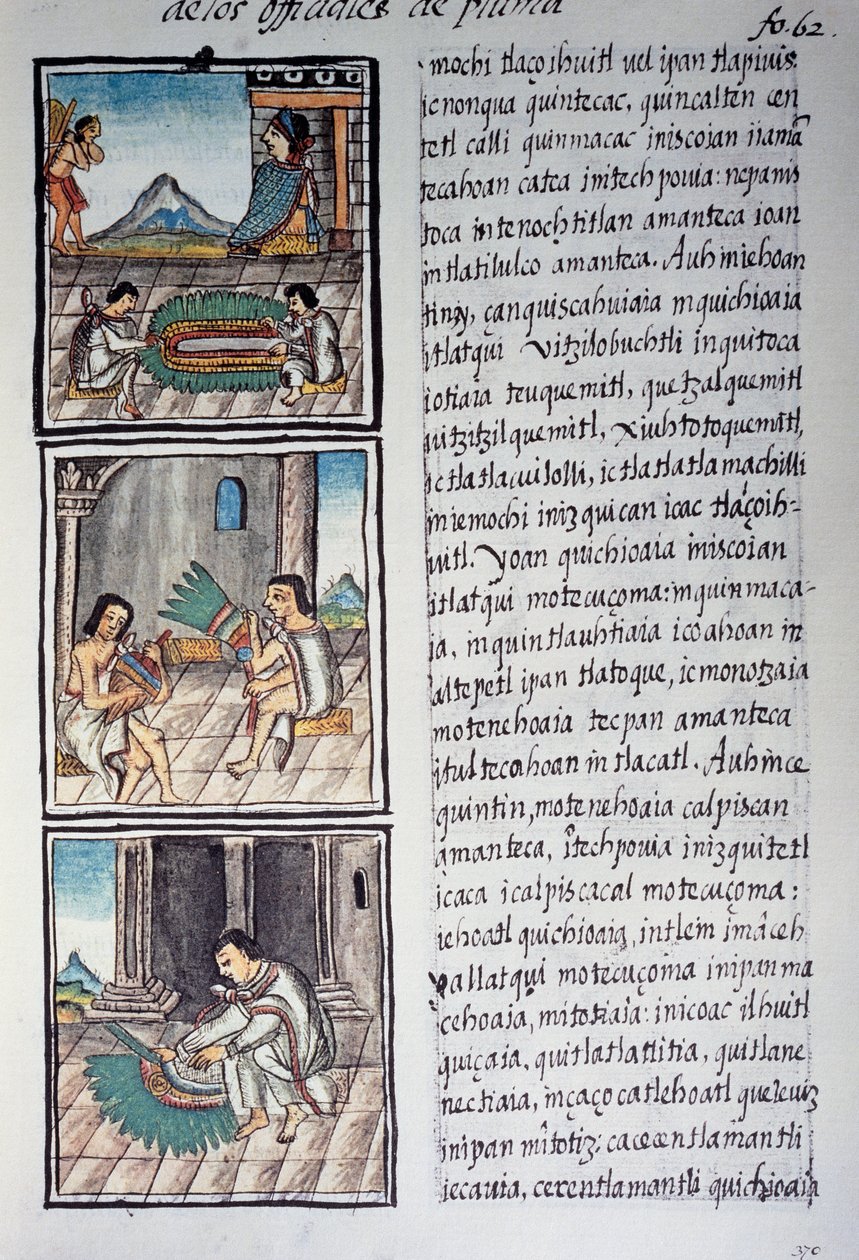 Conjunto de adornos y penacho de plumas de los emperadores, página del Códice Florentino, versión bilingüe en español y náhuatl, Historia General de las Cosas de la Nueva España, por el misionero español Fray Bernardino de Sahagún. Civilización azteca de William M. Timlin