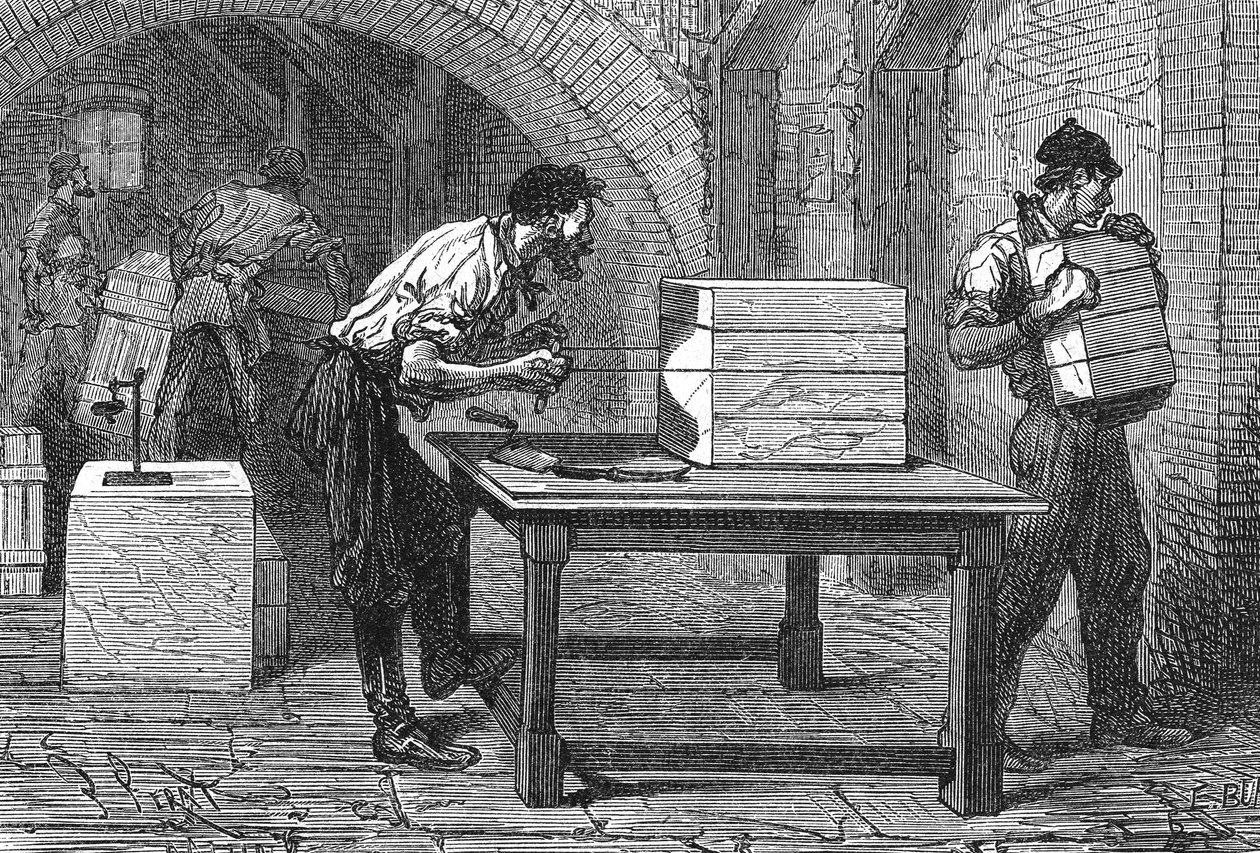 Fabricación de jabón, Marsella, hacia 1880 (grabado) de Unbekannter Künstler