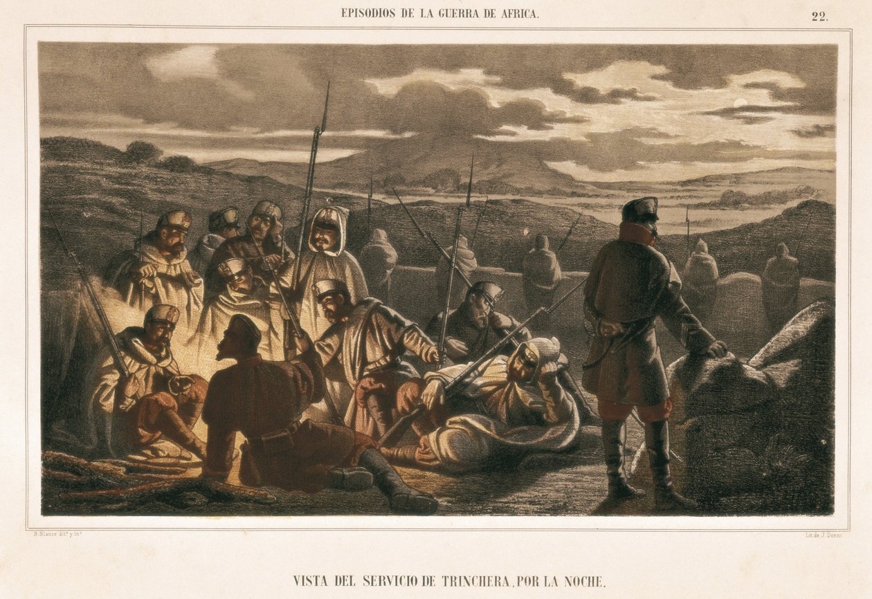España. Guerra de África (1859-1860). El servicio nocturno de la trinchera (grabado) de Unbekannter Künstler
