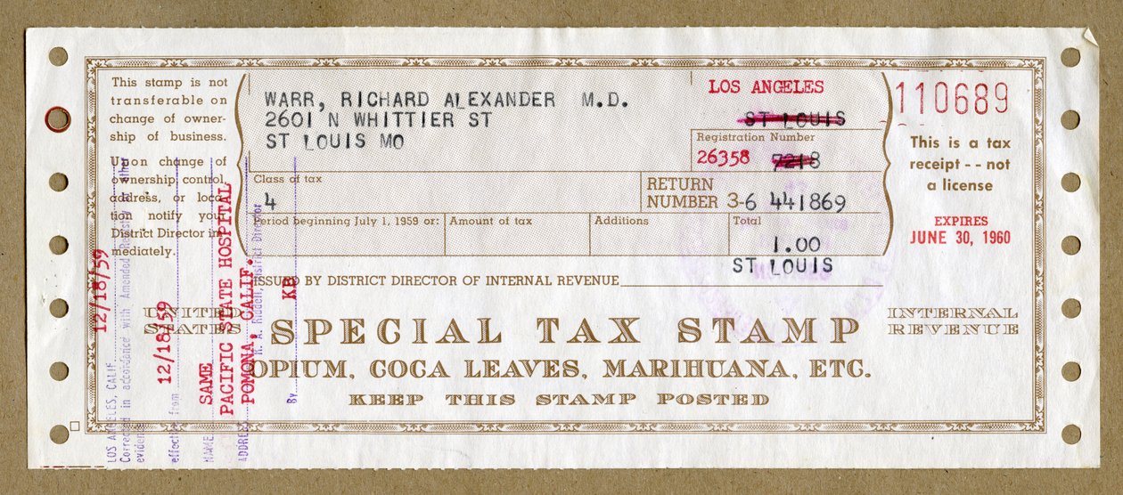Sello de Impuesto Especial para Opio Médico, Hojas de Coca y Marihuana de Unbekannt