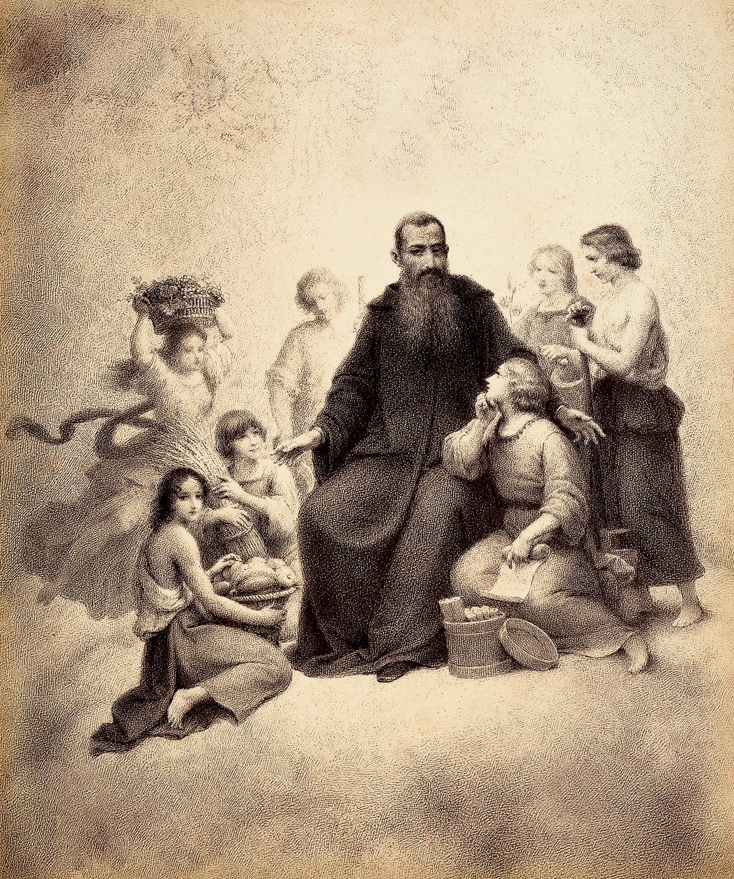 San Benito entronizado está rodeado de jóvenes con haces de trigo y cestas de fruta. Ilustración del Canto XXXII del Paradiso de La Divina Comedia de Dante Alighieri. Obra de Francesco Scaramuzza dedicada al Ayuntamiento de Florencia. de Unbekannter Künstler