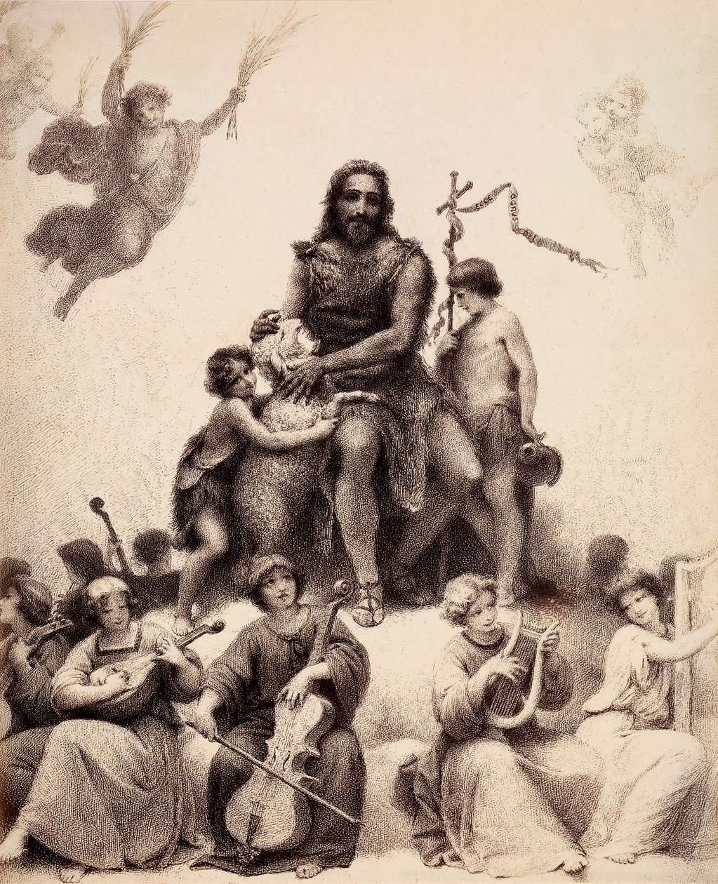 San Juan Bautista está sentado, rodeado de ángeles músicos, y acaricia a un cordero en la cabeza. Ilustración del Canto XXXII del Paradiso de La Divina Comedia de Dante Alighieri. Obra de Francesco Scaramuzza dedicada al Ayuntamiento de Florencia. de Unbekannter Künstler