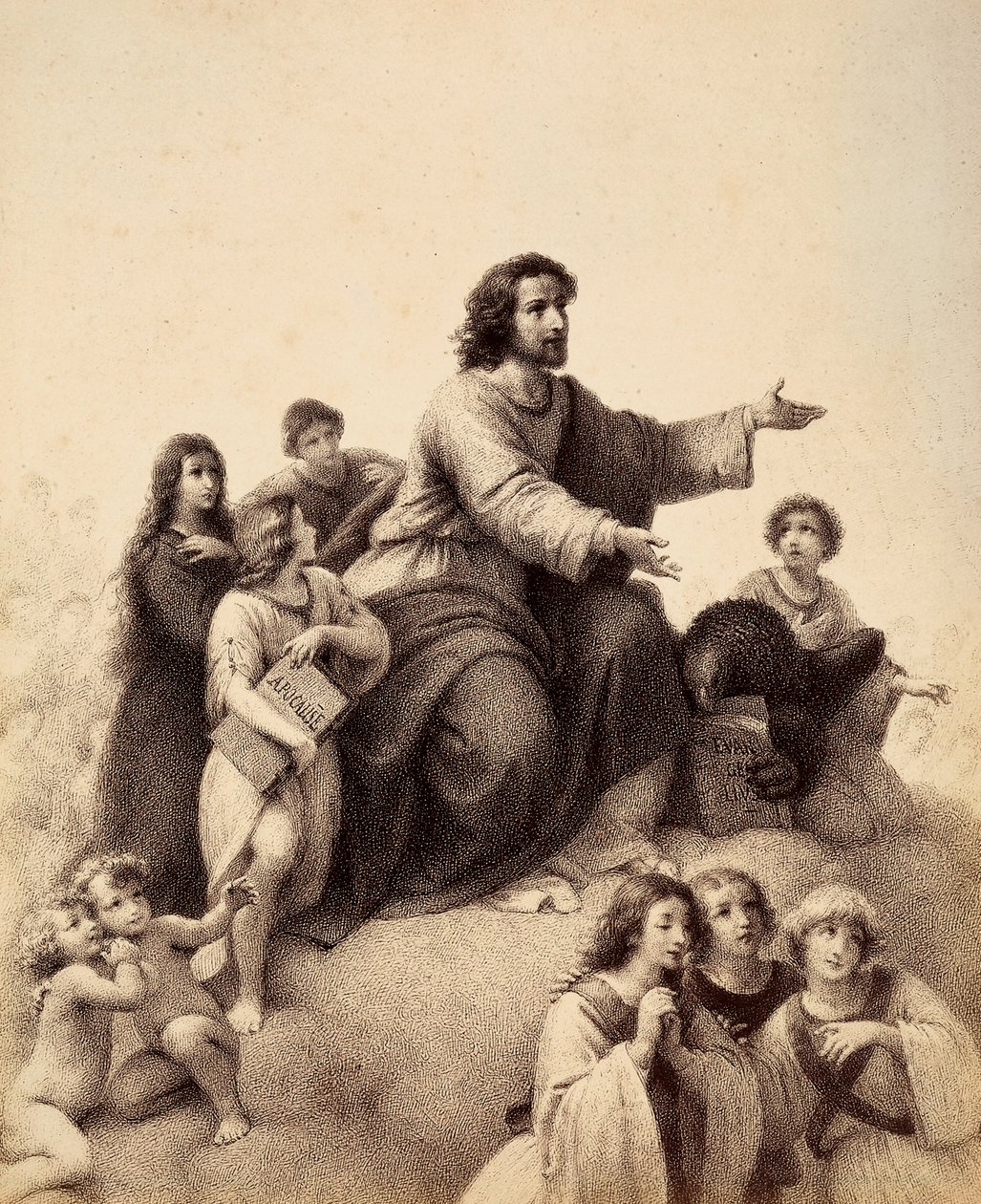 San Juan Evangelista, con los brazos extendidos, está rodeado de jóvenes y ángeles; a sus pies, un águila tiene en sus garras el Evangelio; un joven, a la derecha del santo, sostiene el libro del Apocalipsis. Ilustración del Canto XXXII de Unbekannter Künstler
