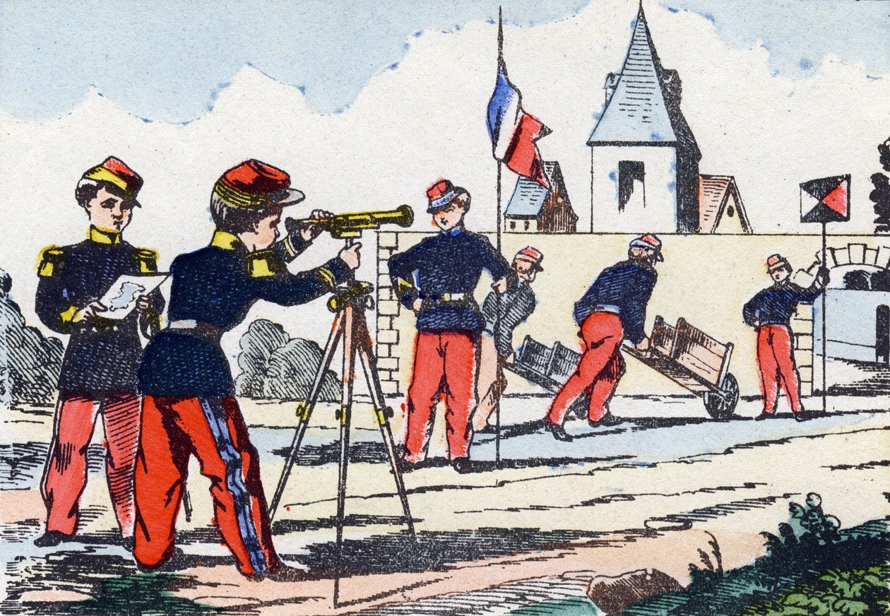 Acechadores. Grabado en "Alphabet militaire enfantin". Imágenes de Pont-a-Mousson, circa 1890. 20 páginas de Unbekannt