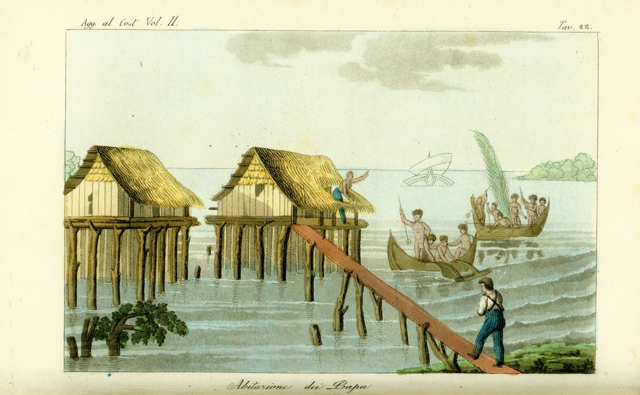 Casas sobre pilotes en el océano en la isla de Rawak, Papúa Nueva Guinea de Unbekannt