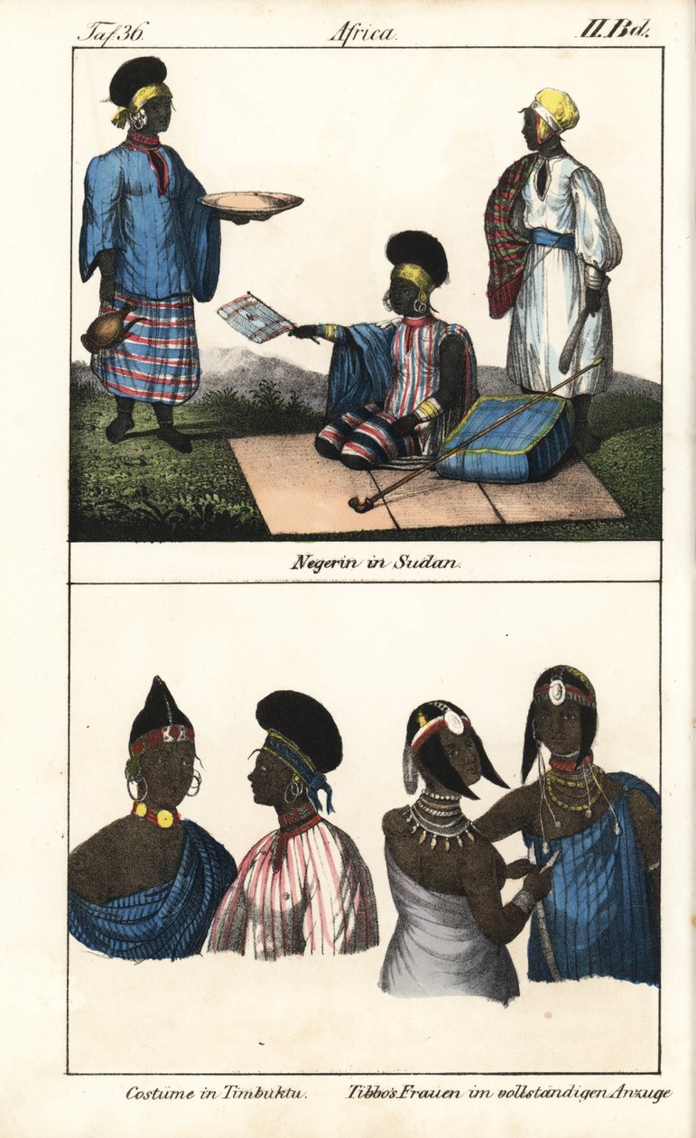 Mujeres sudanesas vestidas a rayas. Abajo, demmes de Tombuctú (Malí) y mujeres tibbo del Sáhara. Litografía para el libro: "Galerie complete en tableaux fideles des peuples d