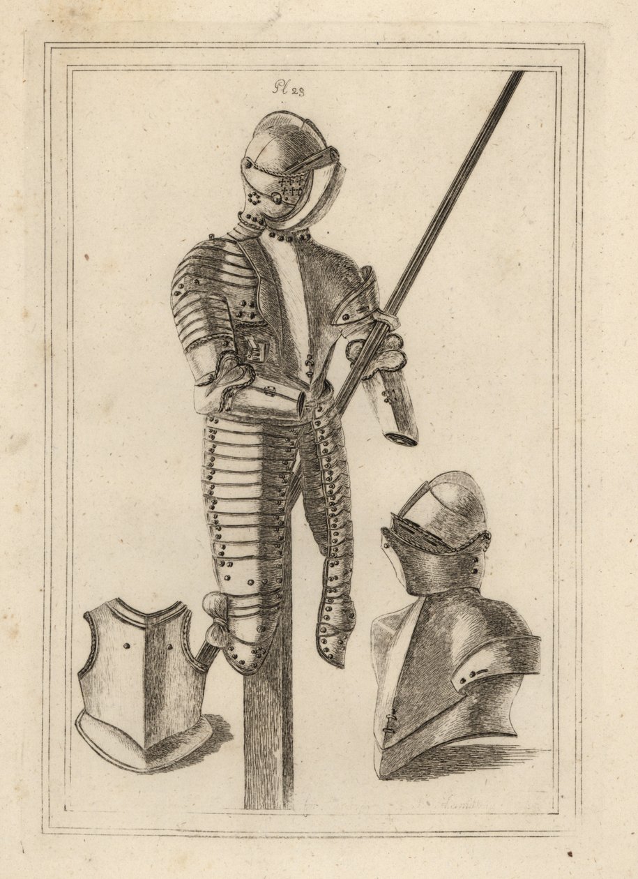 Armadura de justas con gran guardia y soporte de lanza de la Torre de Londres 1, casco y gran guardia 2, peto de una coraza 3 de Unbekannt