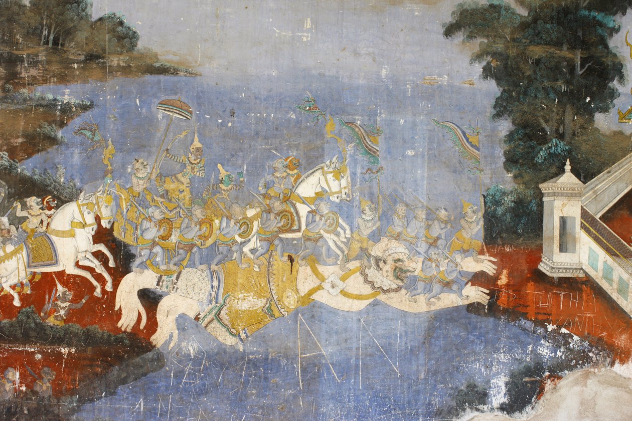 Pagoda de Plata. Este mural representa escenas del Reamker, la versión camboyana del poema hindú Ramayana, Phnom Penh, Camboya de Unbekannt