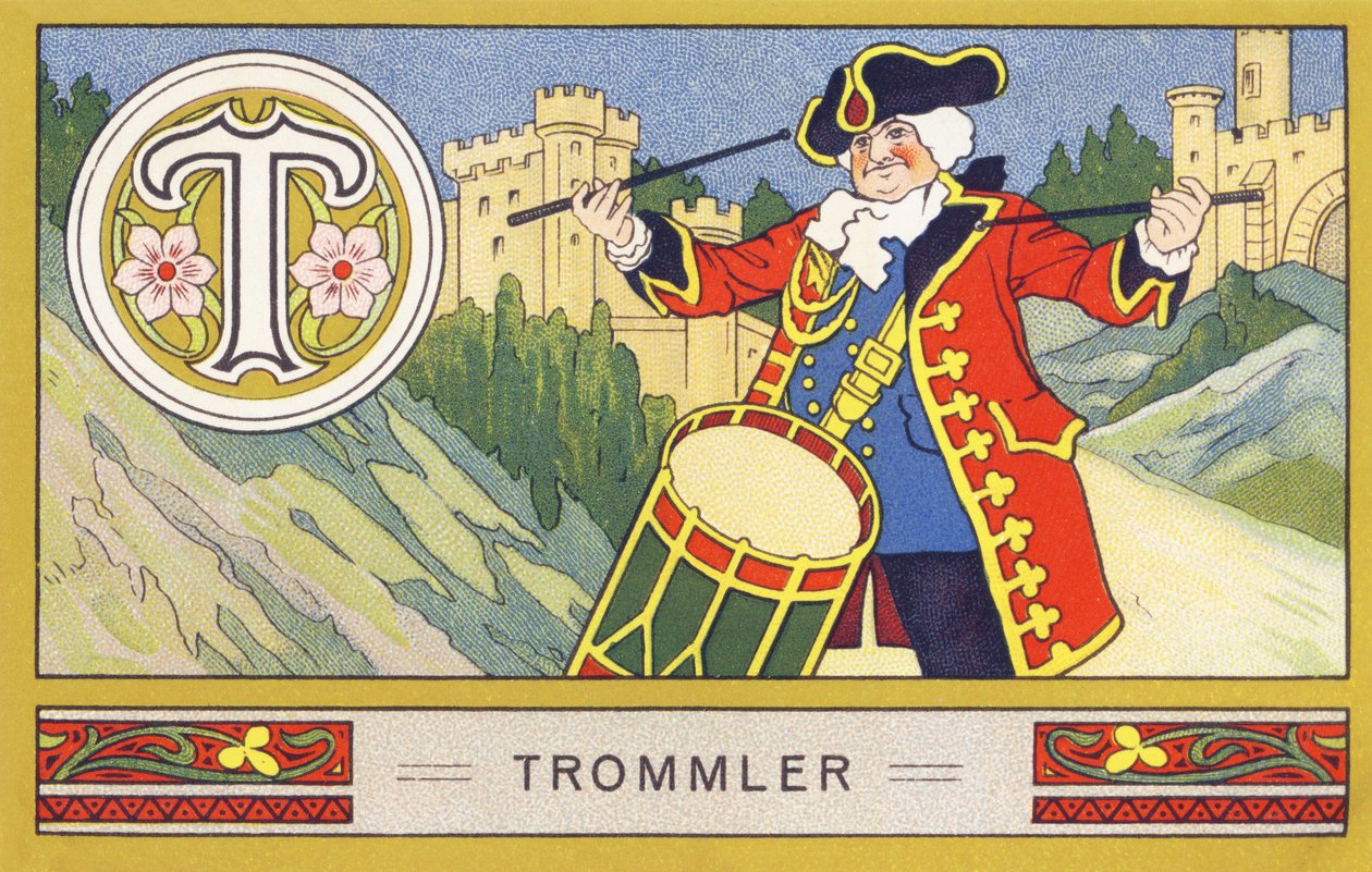 T: Trommler - Alfabeto Palmin. Serie de cromolitografías editadas por H. Schlinck & Cie, Hamburgo. Publicidad para Palmin feinstes Cocosfett. Dimensiones: 7 x 11 cm de William M. Timlin