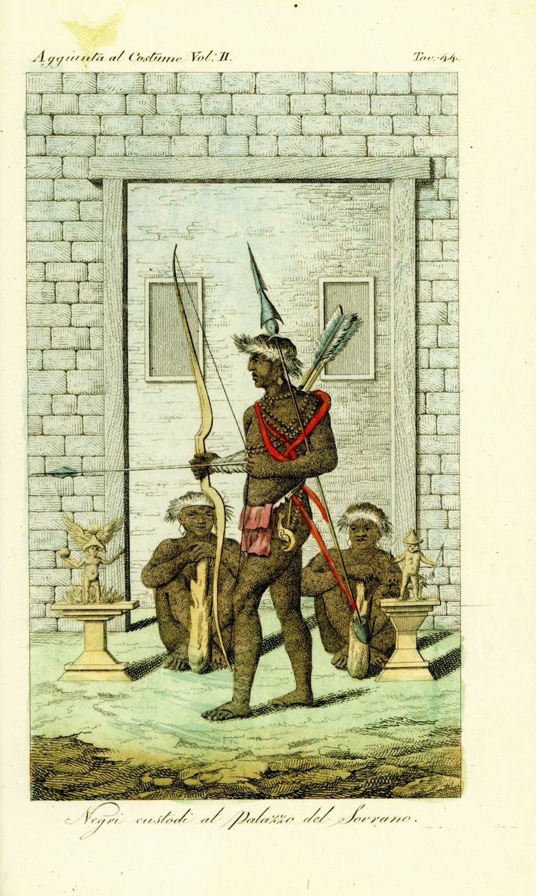 Guardias tatuados o escarificados en la puerta del Palacio de la Reina, Tandi, Angola de Unbekannt