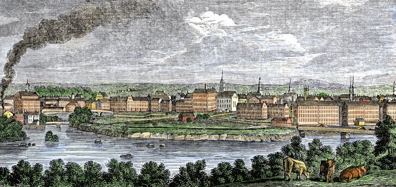 Fábricas textiles a lo largo de los ríos Merrimack (Merrimac) y Concord, Lowell, Massachusetts, EE.UU. en la década de 1830. Grabado coloreado del siglo XIX. de Unbekannter Künstler